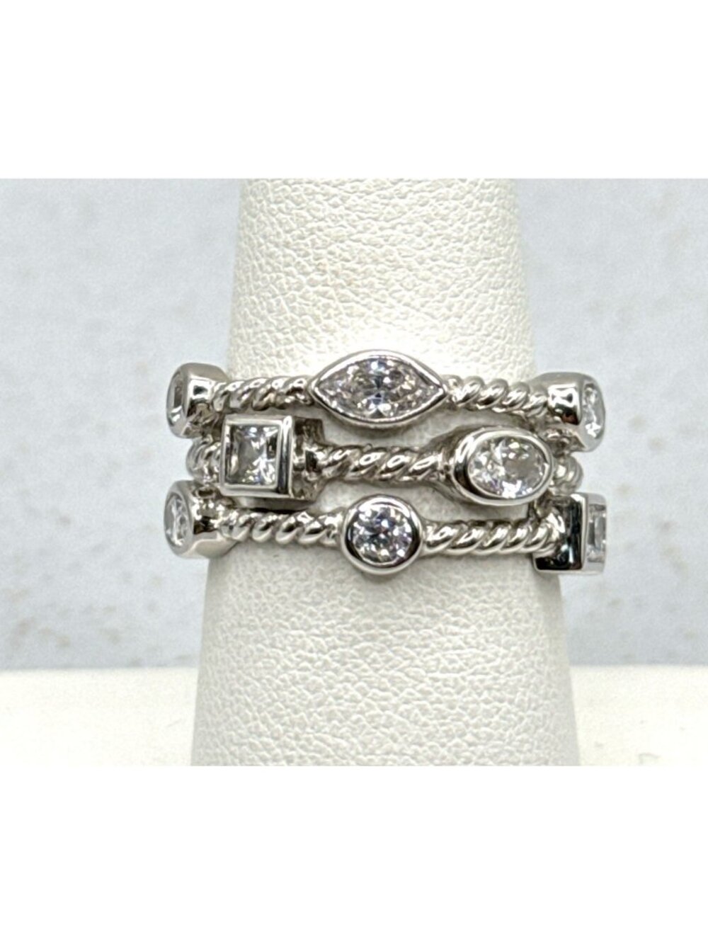 Sterling Silver Ring Diamonique CZ Triple Row Band Rope Texture Detail Sz 7.5